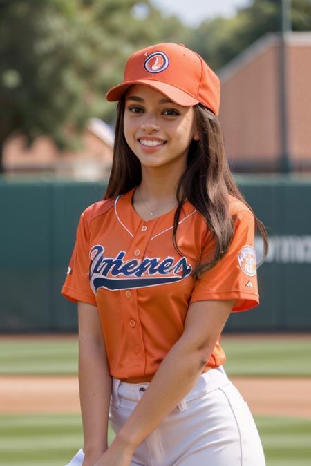 masterpiece, smile, detailed, 1woman, r1ta-001 <lora:Baseball Uniform By Stable Yogi:0.8>wearing a baseball uniform in orange color, baseball hat