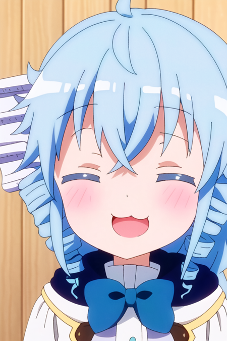 1girl, blush, open mouth, closed eyes, solo, head fins, smile, blue hair, :3, drill hair, short hair, bow