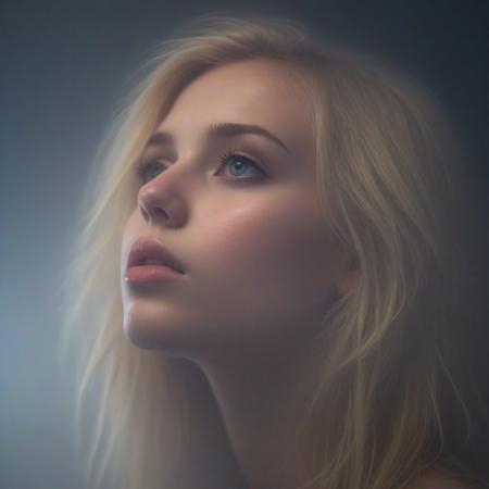 Beautiful blonde Young woman, 20 years old, cute face ,profile, looking slightly upward, moody, hazy, foggy, neon lights break through the dense fog, artsy, pop album cover shot, graphic design background, close up on woman's face