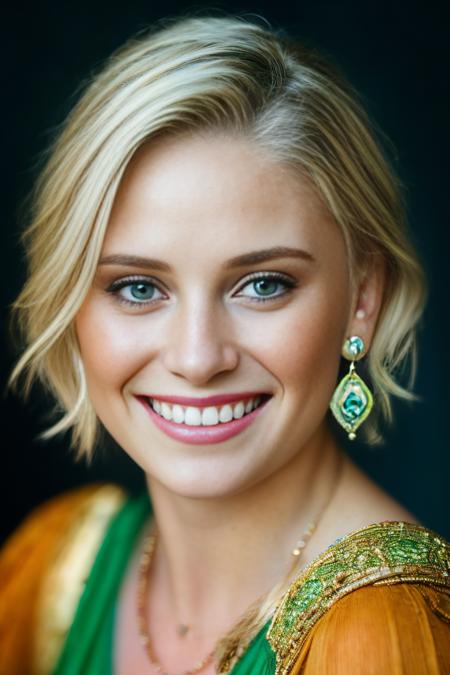 1girl, solo, looking at viewer, short hair, smile, blue eyes, blonde hair, white background, jewelry, earrings, teeth, necklace, grin, upper body, realistic, sleeveless, portrait of skswoman, happy , wearing green dress , background mountain, epic (photo, studio lighting, hard light, sony a7, 50 mm, matte skin, pores, colors, hyperdetailed, hyperrealistic),  <lora:Virginia Gardner:1> <lora:epi_noiseoffset2:1>, RAW candid cinema, 16mm, color graded portra 400 film, remarkable color, ultra realistic, textured skin, remarkable detailed pupils, realistic dull skin noise, visible skin detail, skin fuzz, dry skin, shot with cinematic camera