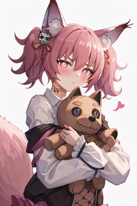 best quality, masterpiece, highres, solo, {shamare_arknights:1.15}, animal_ears, animal_ear_fluff, fox_ears, twintails, bangs, pink_hair, hair_between_eyes, hair_ornament, pink_eyes, closed_mouth, fox_girl, tail, symbol-shaped_pupils, fox_tail, upper_body, stuffed_toy, 1girl, holding, holding_stuffed_toy, looking_at_viewer, shirt, stuffed_animal, white_shirt, simple_background, v-shaped_eyebrows, blush, long_sleeves, white_background, heart, collared_shirt, diamond-shaped_pupils, heart-shaped_pupils