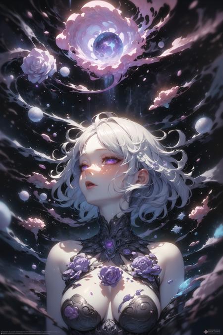 dreamwave, aesthetic, a (frozen:1.1) cosmic rose, the petals glitter with a crystalline shimmer, swirling nebulas, 8k unreal engine photorealism, ethereal lighting, purple, nighttime, darkness, surreal art