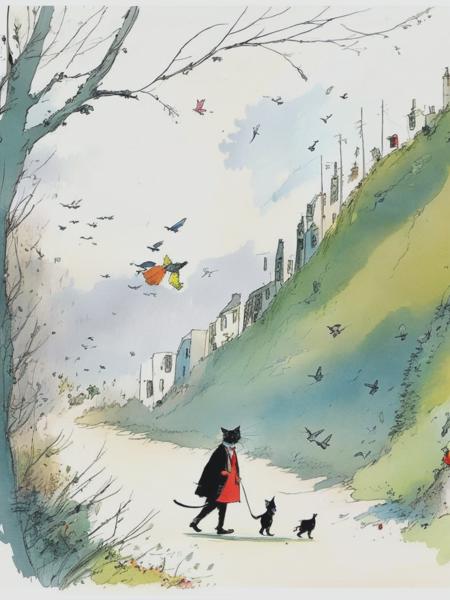 <lyco:QuentinBlake:1.0> A cat walking a human on a leash by Quentin Blake