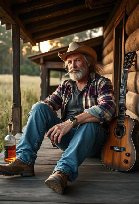 A rugged, mid-40s country man sits on a worn wooden porch, legs stretched out, with a bottle of whiskey beside him and a smoking a cigarette,  smoke curling upward. A white cigerette hanging from his lips. His long hair, streaked with gray, is tied back into a prominent, messy ponytail that rests on his shoulder, peeking out from under a weathered cowboy hat. Dressed in a faded flannel shirt and well-worn jeans, he radiates the grit and freedom of a life lived on his own terms. Behind him, a ramshackle cabin stands surrounded by tall, wild grass and dense trees, bathed in the warm glow of a setting sun. His expression is relaxed yet defiant, a slight smirk as he gazes out, embodying the spirit of a man who’s content with his choices and unbothered by judgment. A guitar leans against the porch rail, hinting at his love for raw, soulful country tunes. The old guitar is worn and faded. The whole scene exudes independence and rugged charm, capturing the essence of a true long-haired country boy who lives by his own damn rules.
