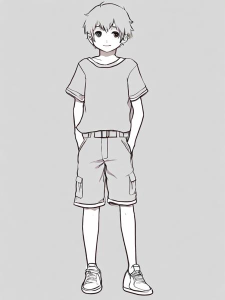 1boy, aogami, lineart, monochrome,full body,shirt,shorts, <lora:aogami_v12:1>