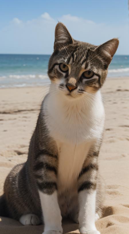 close-up, cat, in a beach, sand, sun, photorealistic, HDR