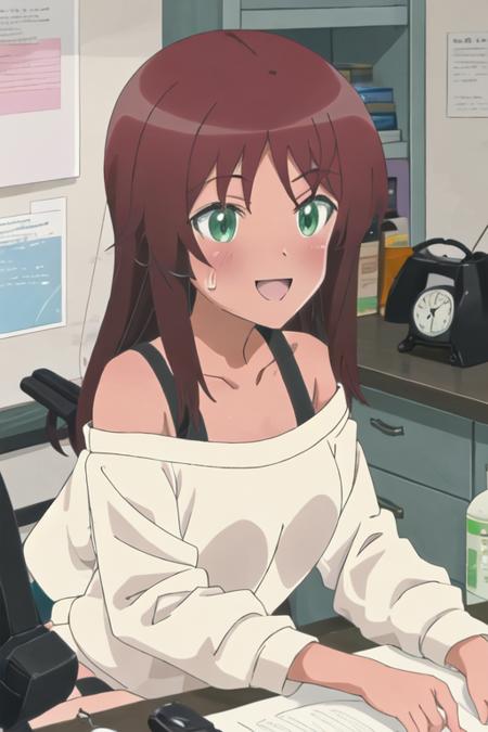 best quality, masterpiece, highres, solo, {kaneshiya_shitara_alicegearaegisexpansion:1.15}, long_hair, brown_hair, green_eyes, blush, 1girl, looking_at_viewer, smile, anime_coloring, collarbone, open_mouth, upper_body, v