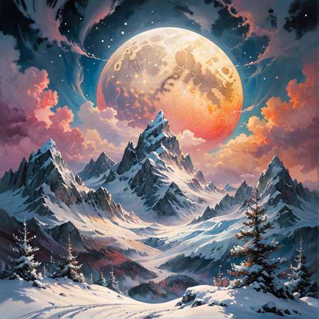 Zentangle extreme effect, landscape with Variegated splashes of color,
big full moon, Light transparent clouds, The mountains of the top are covered with snow, 
fantastical surrealism by Daniel Merriam, Joe Fenton,
ral-cnvctncrnts  <lora:ral-cnvctncrnts-sdxl:0.25>, 
painted world <lora:Painted World-SDXL-000006:0.5>, 
fractalvines  <lora:Fractal_Vines:0.5>  <lora:RMSDXL_Creative:1> <lora:RMSDXL_Enhance:1>