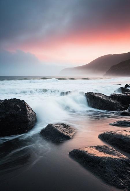In this picturesque scene, a black beach stretches endlessly, its dark sands contrasting with seamless waves that roll gently onto the shore. Captured through the lens of a Canon EOS 5D Mark III with an exposure setting of 1/160s, f/8, ISO 100, every detail is crisp and clear. The minimalist abstraction and subtle gradient backdrop create a tranquil yet evocative ambiance, inviting viewers to immerse themselves in the surreal calm of the coastal landscape. Against the backdrop of misty mountains and cloudy skies, the conceptual portraiture of nature plays on perception, offering a visual metaphor for the vastness of the ocean. The mist adds an ethereal quality to the scene, enveloping the beach in a soft, dreamlike haze, while waves crash against the rocks in a mesmerizing display, captured in long exposure photography mode, creating a sense of motion and dynamism. Over the horizon, red hues of sunset paint the sky, casting a warm glow that bathes the scene in a serene and enchanting light. Amidst this vast expanse, a small silhouette of a person stands in the middle of the beach where it meets the distant mountains, their presence adding a sense of scale and perspective to the breathtaking landscape. Captured with a low angle shot, the perfect straight horizon meets the mountains with mist in the middle, creating a striking composition that captures the beauty and tranquility of the coastal scene.