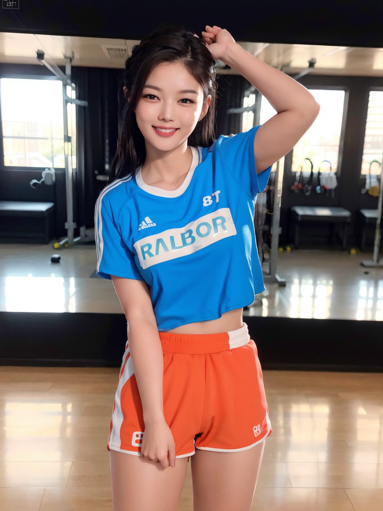 KYJung, wearing sports clothes, standing in a gym, smile, teeth, (8k, RAW photo, best quality, masterpiece:1.2), (realisti...