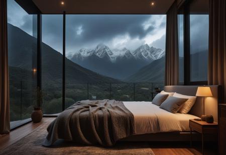 Highly detailed wide angle architectural photography, cozy contemporary bedroom, cozy light, evening, blanket, closed glass window, piano in the corner of the room, outdoor view of the mountains, cloudy clouds, heavy rain, dark