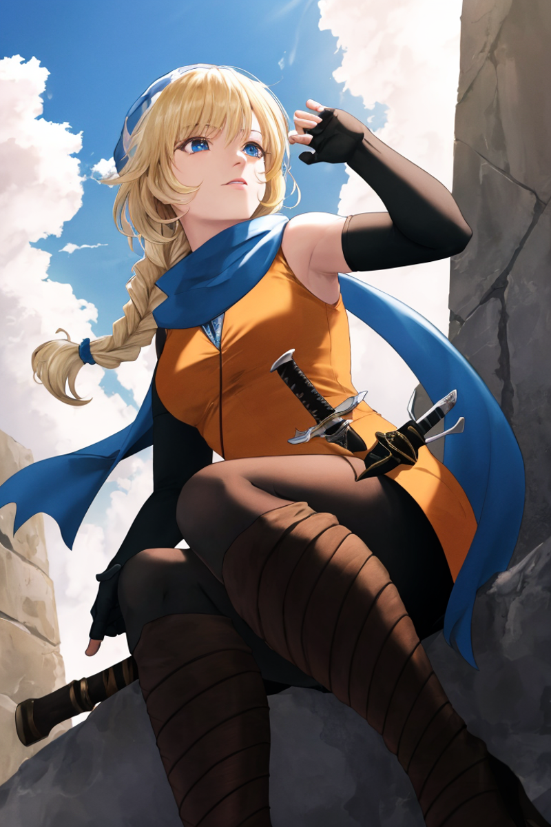 (masterpiece, best quality:1.2), patty fe, dress, weapon, pantyhose, outdoors, sky, sleeveless, day, elbow gloves, cloud, ...