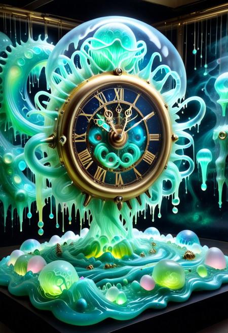 a massive intricate clock made of living slime, its translucent gears shifting and reforming in endless motion, liquid numerals glowing with arcane energy, slime pendulums swinging like gravity-defying waves, floating in an endless void of liquid neon mist, background: cosmic reflections shimmering on the gelatinous surface, tiny mechanical slimes crawling inside the gears, surreal steampunk-biotech fusion, hyper-detailed textures, cinematic lighting, intricate reflections