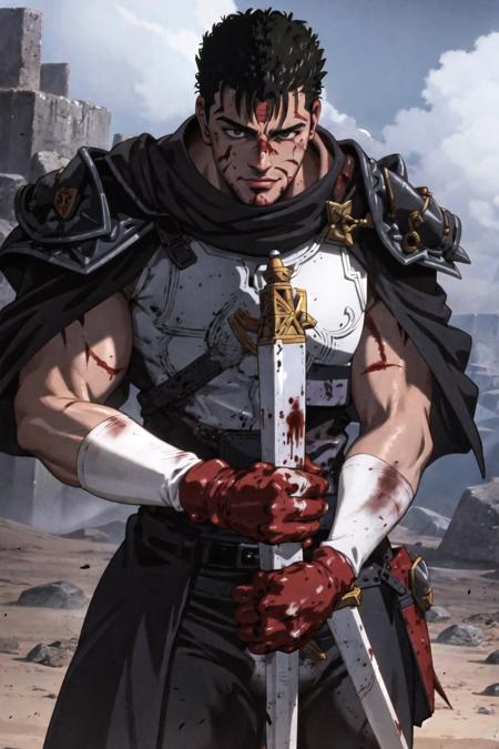 guts \(berserk\), 1boy, armor, blood, blood on clothes, blood on face, holding, holding sword, holding weapon, injury, male focus, multiple boys, scar, smile, sword, weapon