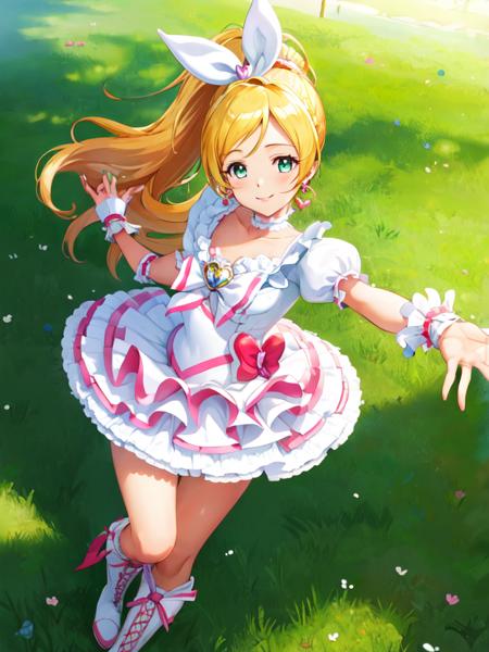 cure rhythm wide ponytail, puffy short sleeves, brooch, heart earrings, ribbon, arm warmers, white boots