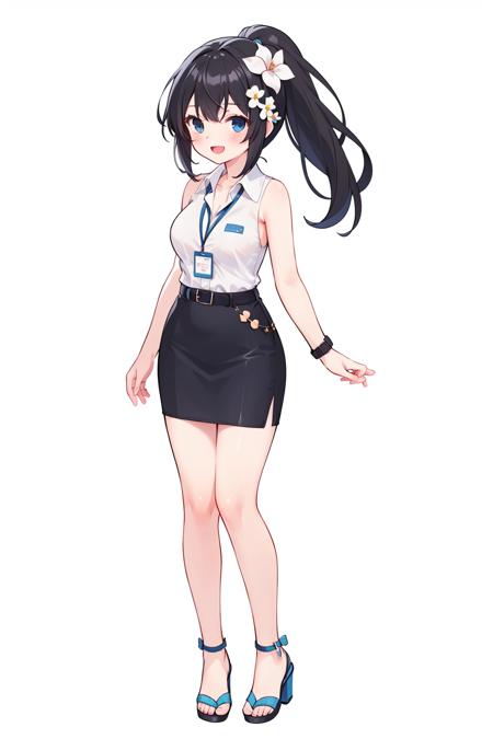 <lora:clear_Alice_eye:1>, 1girl, solo, skirt, shirt, blue eyes, white shirt, long hair, smile, white background, full body, high heels, sleeveless, blue skirt, ponytail, sleeveless shirt, lanyard, watch, hair ornament, simple background, looking at viewer, standing, black hair, hand up, :d, breasts, open mouth, bangs, dress shirt, wristwatch, blue footwear, collared shirt, blush, bare arms, belt, medium breasts, virtual youtuber, pencil skirt, bare shoulders, sandals, flower, toeless footwear, miniskirt, hair flower