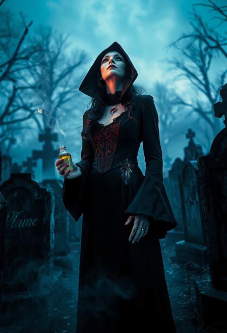 "In a realm of perpetual twilight, where the Night of the Hunt era cast its macabre shadow, a vision of elegance emerged from the darkness. Clad in the imposing garb of an Executioner, she stood like a specter amidst the decrepit tombstones, her beauty a haunting counterpoint to the malevolence that seemed to seep from every stone. A haze of burning incense wafted around her, its sweet scent a stark contrast to the putrid air heavy with the whispers of the damned. In one hand, she grasped a delicate vial filled with a pale, viscous liquid – a token of her macabre pursuits. Her eyes, cast heavenward in silent supplication, seemed to hold a secret sorrow, even as a blood-drunk smile twisted across her lips like a promise of dark delight. The camera's gaze fell upon her from an unnatural angle, as if the very tombstones themselves were conspiring against all sense of decorum. Fog swirled around her ankles like a living entity, choking out all sound save for the whispers that seemed to emanate from the shadows themselves. A gleaming crow-feather brooch pinned to her breast seemed a mocking touch of elegance in a world gone mad."