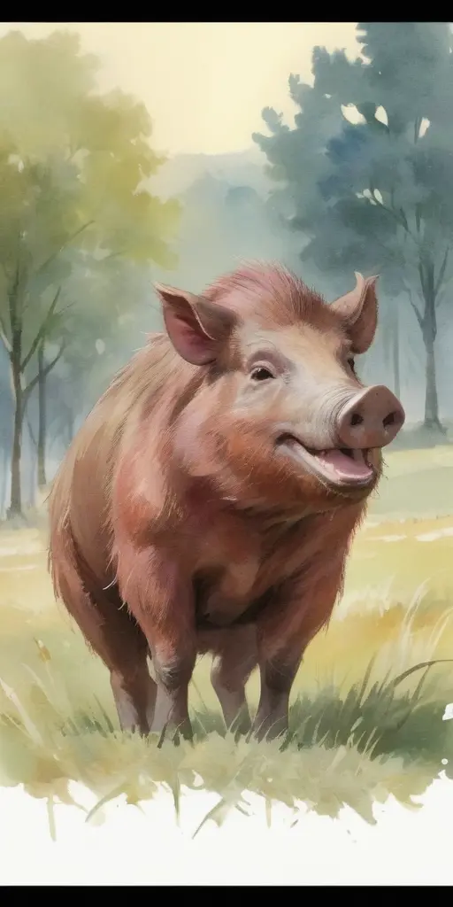 A single pig standing in the foreground on a grassy field with a relaxed expression on its face. The background consists of soft-focus trees. 