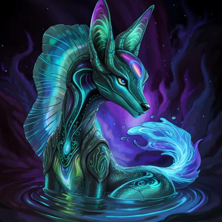 Alien, dog, fox, water-made ears, fire-made tail, intricate detailing, vibrant colors, unique patterns, textures, iridescent hues, deep blues, radiant purples, shimmering greens, fantastical creature, otherworldly beauty, extraterrestrial elements, familiar features.