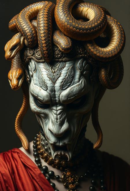 super close up shot of a Gorgon, snakes at the head, oriental damask ornaments, in the style of restrained palette, distressed materials, realistic color schemes, hieratic visionary, figura serpentinata, nicola samori, bold yet graceful , alexander McQueen fashion costume style, oil painting style