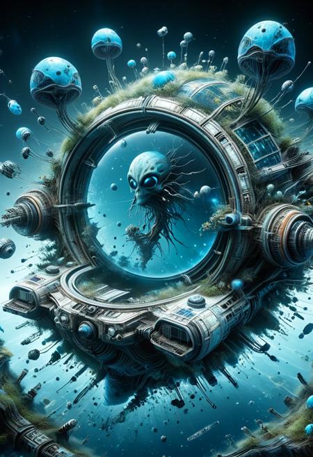 Abandoned space station, zero gravity, floating debris, overgrown with alien flora, bioluminescent plants, eerie blue glow, cracked windows revealing stars, high detail, high resolution, otherworldly beauty, sense of isolation, mysterious atmosphere, detailed textures, cinematic lighting <lora:ral-dissolve:0.7>, ral-dissolve, <lora:ral-frctlgmtry>, ral-frctlgmtry