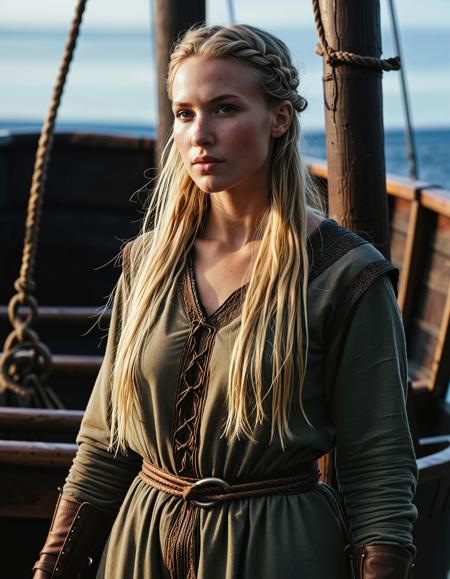 RAW full body image of a gorgeous 25 years old Gorgeous Viking Woman blond, loose hair, <lora:NordicByNature:0.8>,Shipbuilder of the Fjords, A determined Viking woman working on the wooden frame of a longship, her face smudged with ash as she shapes the mighty vessel.,high quality, film grain, Fujifilm XT3, 8k uhd, dslr, film grain, kodak tri-x 400 film, grain photo DOF, faint lighting, dynamic angle, cinematic, Depth of field, bokeh, best quality, cinematic, light particles, highly_detailed, very_aesthetic, golden hour, beautiful_and_aesthetic clear focus, high resolution image, (soft naural light), (rembrandt light), (soft shadows) ,Sexy pose, erotic pose, exhibitionism,