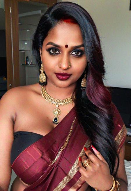 indian, black skin tone , real, realistic, photo real, saree, boob cleavage, jewel, red nail polish, black to burgundy hair strip dye, little chubby, open hair ,straight hair, long hair
