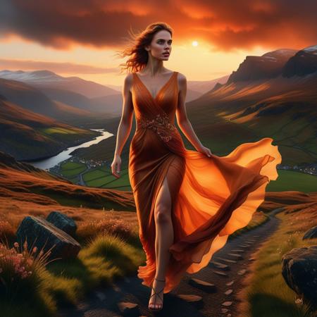 Ultra realistic color pencil  image a beautiful woman running through the Scottish highlands in a very long flowing cocktail dress, in the sunset,
BREAK
Deep dark intense dark orange-brown misty background, Dark theme, dynamic lighting, (soft shadows), (soft focus), (photo realistic), uhd, 8k