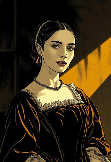 A 16th-century noblewoman in a velvet gown, her delicate face softly illuminated by golden light, minimalist comic art meets classical portrait photography, graphic novel composition with painterly lighting, cinematic framing, expressive black-and-white linework fused with old master aesthetics, dramatic chiaroscuro, stylized realism, moody backgrounds with elegant props, symbolic visual storytelling, refined costume elements in graphic contrast, strong narrative focus, figures posed with historical gravitas, vintage portrait atmosphere merged with bold panel layout, sharp visual rhythm, contemporary storytelling through classical form
