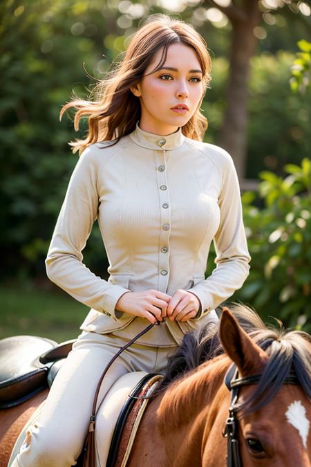 photo of a woman, (wearing equitation_outfit:1.3),
good hand,4k, high-res, masterpiece, best quality, head:1.3,((Hasselblad photography)), finely detailed skin, sharp focus, (cinematic lighting), night, soft lighting, dynamic angle, [:(detailed face:1.2):0.2], medium breasts,(((riding a horse))), outside,   <lora:equitation_outfit-10:0.5>