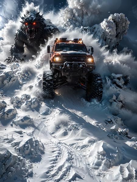 (gigantic evil monster avalanche:1.1) ,chasing a snow vehicle, close up, desert place, (foot steps on snow:1.1), windstorm, snow-covered, futuristic atmosphere, extremely detailed, cinematic light, masterpiece, OverallDetail-SDXL, <lora:add-detail-xl:1>, <lora:xl_more_art-full_v1:0.5>, <lora:Radiant_Darkness:1> ,<lora:Desolation:0.4>,ice vapor,dark light,morning light ,<lora:Sinister_Style_SDXL:0.6>, <lora:aesthetic_anime_v1s:0.7>