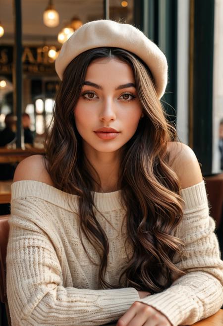 French-Moroccan woman, 27 years old, extremely beautiful, long soft wavy brunette hair with golden streaks, glowing olive skin, hazel eyes, elegant soft makeup, full lips, flawless skin, wearing beige beret and off-shoulder cream sweater, sitting at a Paris café table, DSLR lens, cinematic soft morning light, photorealistic, Instagram model, high fashion editorial
