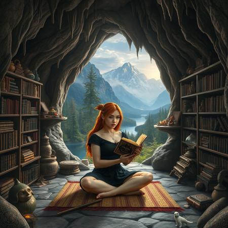 Surreal and imaginative digital artwork featuring a witches home set within a cave. The cave walls are lined with shelves filled with books and magical paraphernalia, creating a magical atmosphere. The ceiling of the cave has stalactites, and the opening reveals a stunning view of forests mountains and lakes. In the centre of the scene, a witch with light skin and copper hair, wearing a short black tunic, is sitting crossed legged on a mat, engrossed in reading a book. The overall ambiance is mystical and tranquil with a gothic edge