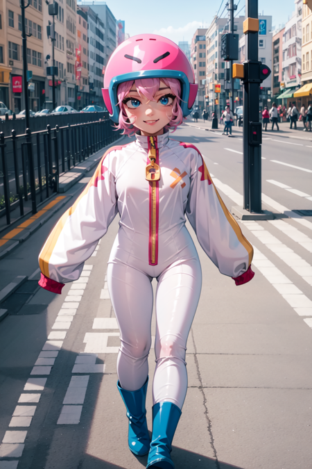 bonnieBS, 1girl, pink hair, short hair, helmet, white bodysuit, sleeves past wrists, zipper, zipper pull tab, blue boots