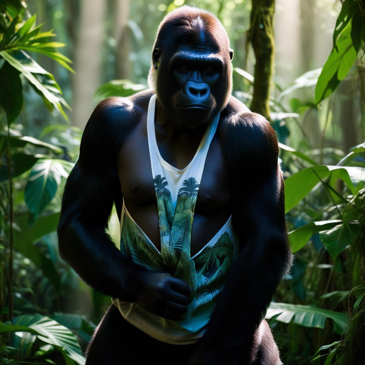 A strong black gorilla in a green forest, wearing a white tank top and holding his chest.