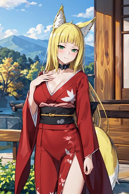 masterpiece, best quality, highres, hmsan, 1girl, animal ears, tail, large breasts, long hair, japanese clothes, red kimono, choker, obi, <lora:sanjouno_haruhime_v1:0.7>, outdoors, cowboy shot,