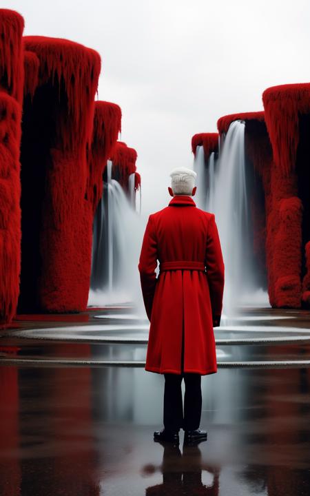 a man in a red coat standing in front of a fountain , solo, 1boy, standing, white hair, male focus, from behind, scenery