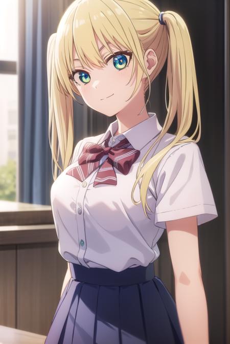 rikahoshizaki, <lora:rika hoshizaki s2-lora-nochekaiser:1>,
rika hoshizaki, (green eyes:1.3), blonde hair, twintails, smile,
BREAK skirt, shirt, bow, school uniform, white shirt, short sleeves, pleated skirt, bowtie, blue skirt,
BREAK indoors, classroom,
BREAK looking at viewer, (cowboy shot:1.5),
BREAK <lyco:GoodHands-beta2:1>, (masterpiece:1.2), best quality, high resolution, unity 8k wallpaper, (illustration:0.8), (beautiful detailed eyes:1.6), extremely detailed face, perfect lighting, extremely detailed CG, (perfect hands, perfect anatomy),