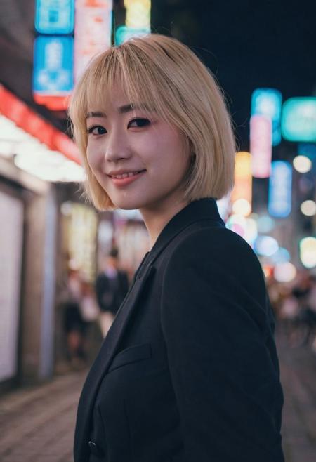 A beautiful female model, Japanse, with short blonde hair, wearing beautiful makeup, a black suit, casual wear, in a Japanese city center, night, blue filter, Bokeh, smiling, nostalgic, detailed, UHD, DSLR, soft lighting, the 1990s, VHS footage