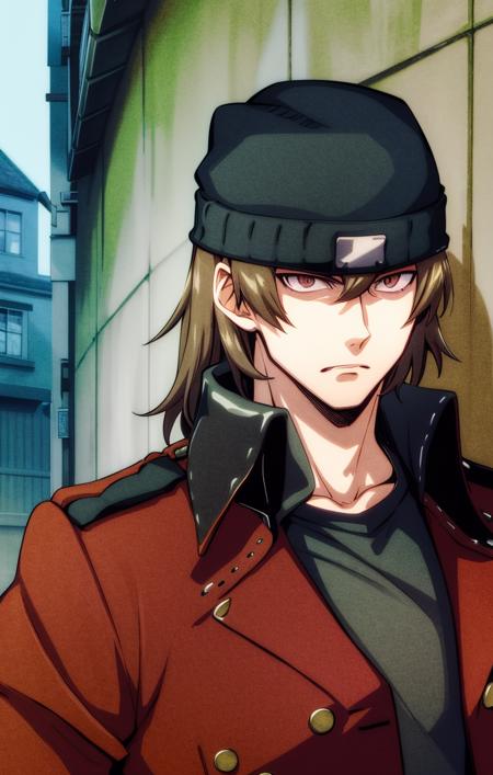 <lora:ShinjiroAragakiPersona0:1> masterpiece, best quality, face focus, handsome, outdoors, dark alleyway, red trenchcoat, black shirt, beanie, shinjiro aragaki [persona], male focus, focused expression