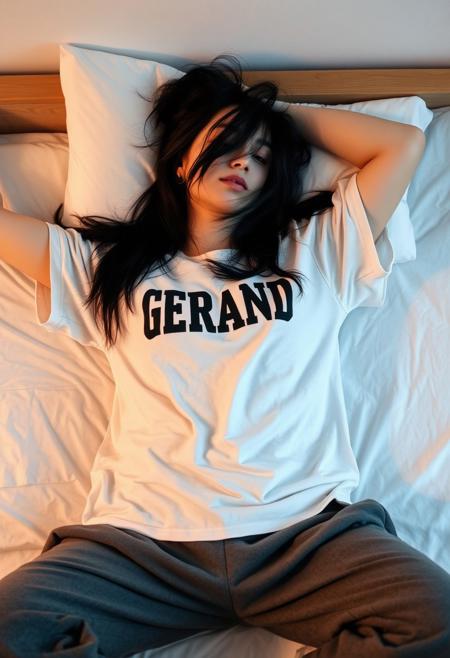 realistic photo of a cute german woman lying on her back on the bed wearing an oversized band tshirt and oversized sweatpants with messy black hair