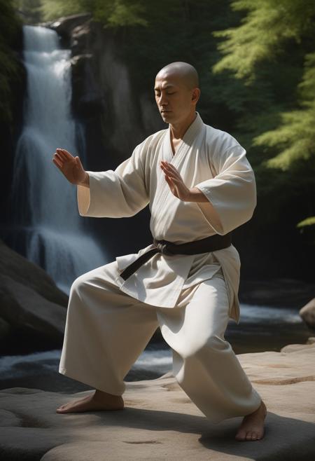 a Caucasian Zen monk practicing tai chi, eyes closed wearing a judogi, in Yang position, sunny exterior, forest and waterfall background, 16k, masterpiece, highly detailed photo-realistic oil painting by Greg Rutowski, cinematic lighting