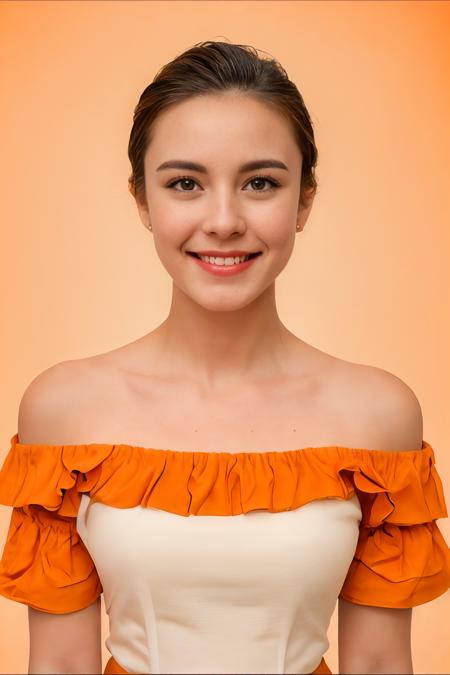analog film photo solo, gstyle, realistic, ((woman)), (((short hair))), (((happy512))), (((Off-the-shoulder frilled blouse paired with a chiffon long skirt and strappy heels))), ((Simple Light Orange background:1.5)), ((dynamic pose)), high detailed, 8k, clear facial features, <lora:PAseer-SD15-LCM Quick:1> <lora:ReaLora:.2> skin <lora:GStyle_-_Photography_Style:.4> <lora:IDM_-_Zoe:0.8> zoelevana . faded film, desaturated, 35mm photo, grainy, vignette, vintage, Kodachrome, Lomography, stained, highly detailed, found footage