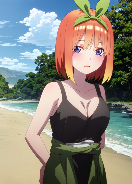 1 girl, yotsuba, yotsuba nakano, tall, adult, mature, season2, yellow hair, short hair, green hair ribbon, hands on waist, (black bra:1.2), black panties, nsfw, lewd, sexy attire, revealing clothes, looking at viewer, beach background, sky, anime screencap, anime coloring, very colorful, 8k masterpiece, blue eyes, standing, (waifu, anime, exceptional, best aesthetic, new, newest, best quality, masterpiece, extremely detailed:1.2),, masterpiece, best quality,<lora:Quints-50:1>