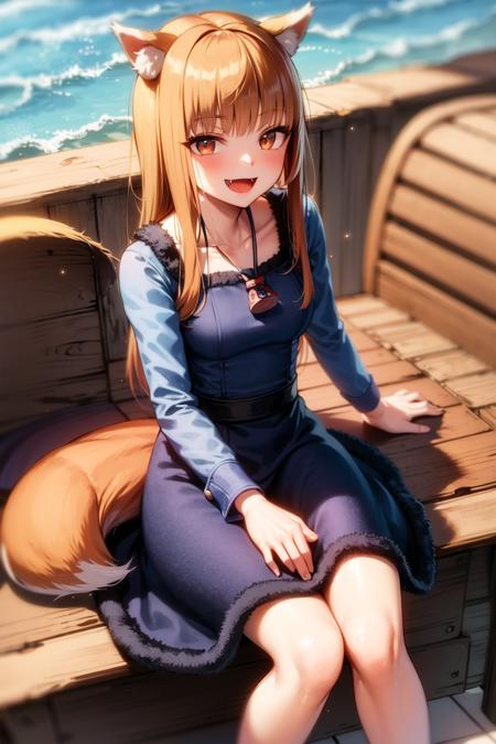 <lora:holo:0.9>, holo, masterpiece, best quality, absurdres, 1girl, looking at viewer, sitting, carriage, wagon, outdoors, neck pouch, from above, open mouth, fang, smile, slender, blue dress, fur dress, black skirt