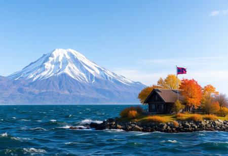 snow covered mountain ending in choppy sea, edge of land covered by fruit trees of various colors and a small brown cabin flying a red and blue flag.