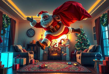 score_9, score_8_up, SANTA CLAUS WITH A BAG WITH GIFTS FALLING IN THE MIDDLE OF A LIVING ROOM WITH CHRISTMAS DECORATIONS WITH  THE LANDING OF SUPER HERO DESTROYING THE PLACE AS IT FALLS