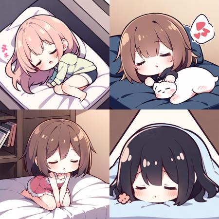 1girl, blush,chibi,comic,symbol,full body,sleeping,closed eyes,all fours,zzz,bed,sleepy,