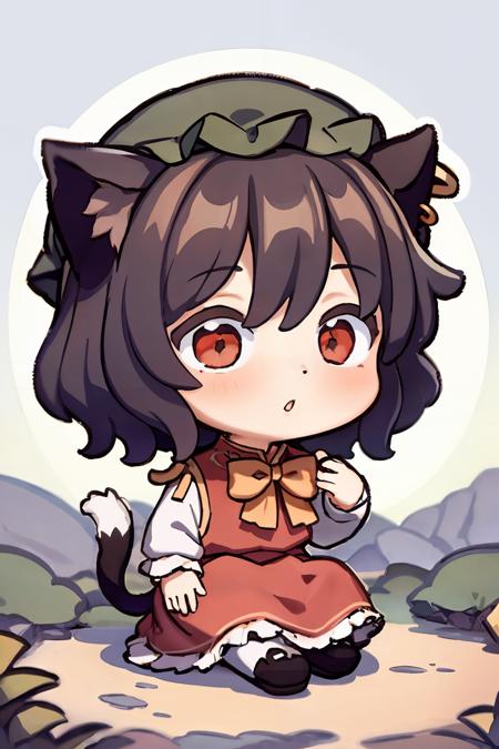 masterpiece, best quality,  <lora:chen:1>,chibi,1girl, chen,brown hair,short hair, mob cap, animal ears, earrings, tail,red dress,bow,tail