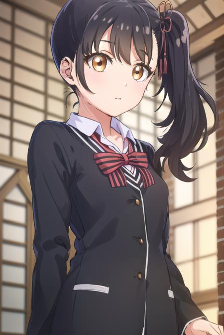 hasukikomai, <lora:hasuki komai s1-lora-nochekaiser:1>,
hasuki komai, (black hair:1.5), ribbon, (brown eyes:1.5), hair ribbon, side ponytail,
BREAK bow, school uniform, jacket, striped, bowtie, black jacket, blazer, striped bow, striped bowtie,
BREAK indoors, classroom,
BREAK looking at viewer, (cowboy shot:1.5),
BREAK <lyco:GoodHands-beta2:1>, (masterpiece:1.2), best quality, high resolution, unity 8k wallpaper, (illustration:0.8), (beautiful detailed eyes:1.6), extremely detailed face, perfect lighting, extremely detailed CG, (perfect hands, perfect anatomy),